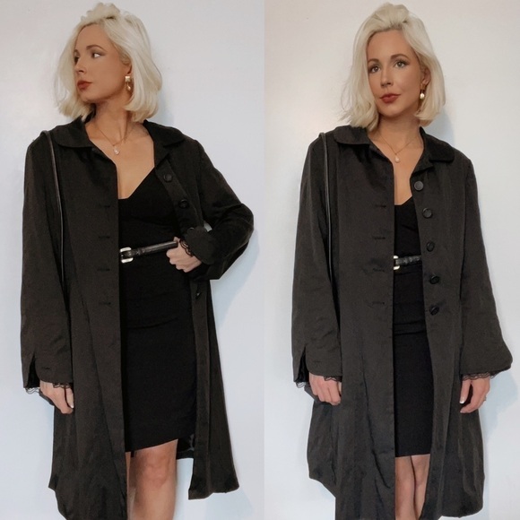 Lace Detail Black Long A-Line Single Breasted Flirty Trench Coat - Picture 1 of 10